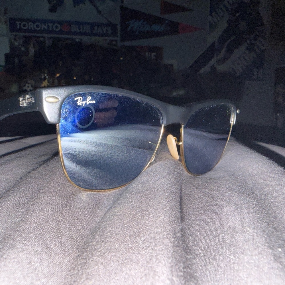 Ray-Ban Black and Gold Sunglasses with Blue Lenses